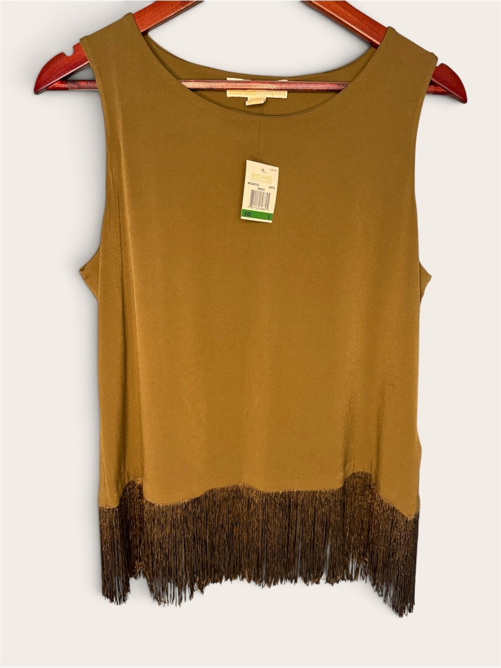 NWT MICHAEL Michael Kors Olive Green Sleeveless Fringe-Hem Tank | Size Large